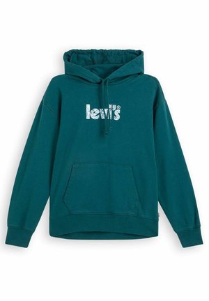 Petrolowa bluza z kapturem, przednią kieszenią i białym logo „lewis” nadrukowanym na piersi, z kapturkiem z troczkiem i ściągaczami przy rękawach.