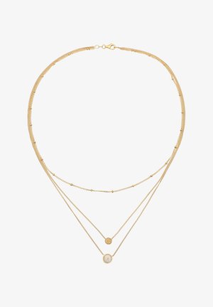 Delikat lagdelt guldkæde med tre kæder, hvoraf to har små guldkugler, og den tredje har teksturerede og opalrundede vedhæng.