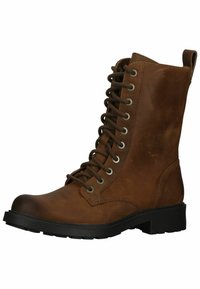 Bottes en cuir marron montantes avec un bout arrondi, devant à lacets, œillets en métal argenté et finition texturée. Semelle en caoutchouc noir durable.