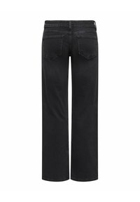 Jean noir à jambes larges vu de dos, doté de deux poches arrière, passants de ceinture et d'une taille haute.