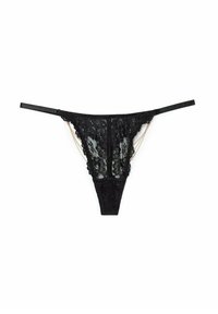 String noir en dentelle avec des motifs floraux, des bretelles réglables et une texture douce. Agrémenté de détails en chaîne dorée pour un contraste supplémentaire.