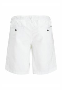 Pantalones cortos de algodón blanco con una cinturilla elástica, dos bolsillos traseros con cierres de botón negro y un diseño simple y funcional.