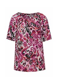 Blusa a maniche corte in un vivace motivo floreale rosa e nero, realizzata in tessuto leggero, con scollatura rotonda e vestibilità rilassata.