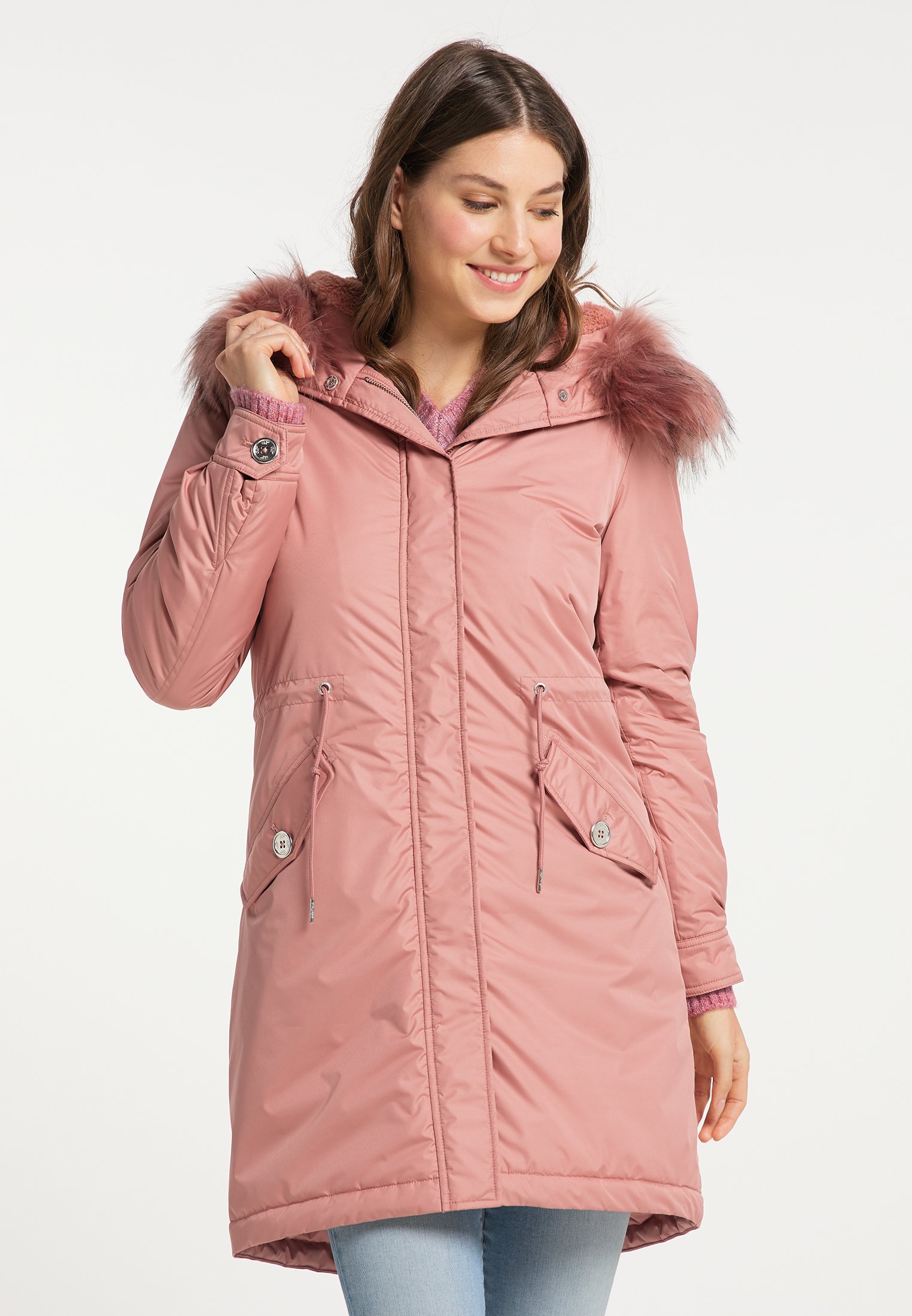 womens coat with pink fur hood