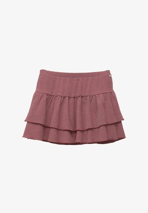 Fustă roz încrețită cu trei straturi, realizată dintr-un material texturat. Dispune de o talie elastică pentru confort.