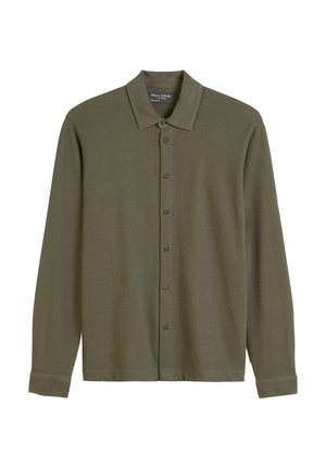 Long-sleeve olive green shirt made of soft fabric, featuring a collared neck, button front, and buttoned cuffs for a relaxed fit.