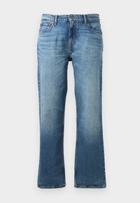 Lichtblauwe denim jeans met een rechte broekspijp, voorzien van een vervaagd uiterlijk, vijf zakken en een knoopsluiting met metalen hardware.
