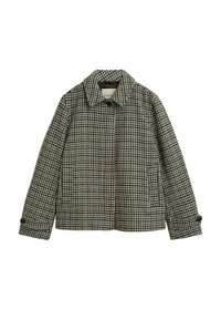 Geruite jas in tinten van groen, bruin en crèmekleur. Beschikt over een inspringende kraag, knopenmanchetten en twee zijzakken. Geweven stof.