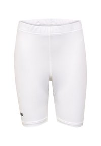 Vita atletiska shorts gjorda av elastisk, slät tyg. Har en åtsittande design, platta sömmar och en liten logotyp på nedre vänstra sidan.