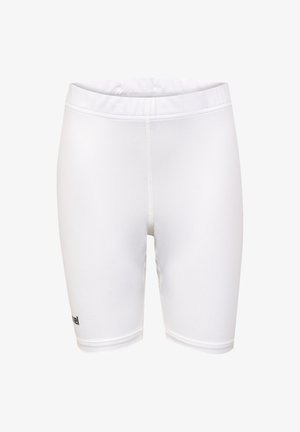 Shorts de sport blancs en tissu extensible et lisse. Présentent un design ajusté, des coutures plates et un petit logo en bas à gauche.