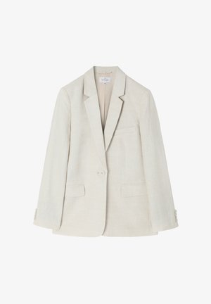 Helebeež linane bleiser, millel on keha järgiv disain, sisselõikega krae, üks nööbiga sulgemine ja kaks esikot. Omab täpset varruka disaini nööpide aktsentidega.