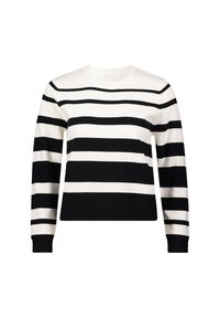 Schwarz-weißer gestreifter Pullover aus weichem Strickstoff, mit Rundhalsauschnitt und gerippten Bündchen und Saum.