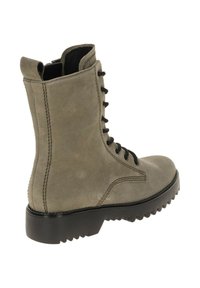 Grijze suède veterschoen met een ronde neus, stevige zwarte rubberen zool en versterkte stiksels langs de naden. Geen zichtbare branding.