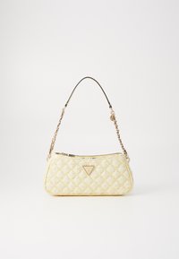 Keltatusta keltaisesta käsilaukusta, jossa on kolmiomainen logo, kultaiset yksityiskohdat, ketjuhihna ja ylhäältä avattava vetoketju. Pintarakenteessa on hieno kiilto.