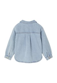 Light blue denim jacket with long sleeves, buttoned cuffs, a center back pleat, and a classic collar shown from the back on white background.