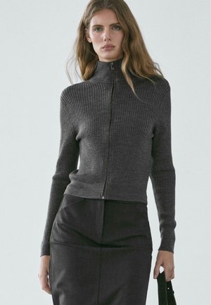 Maglione grigio a coste con collo alto e cerniera frontale, caratterizzato da maniche lunghe e una vestibilità aderente, abbinato a una gonna scura.