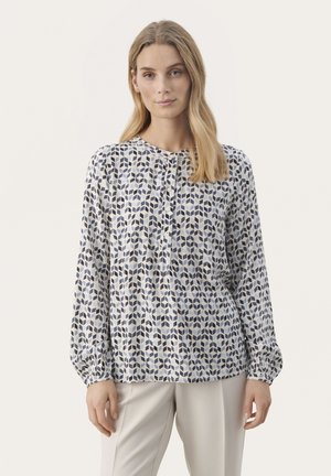 Long-sleeved blouse in lightweight fabric featuring a geometric pattern in shades of blue and cream, with a round neckline and button placket.