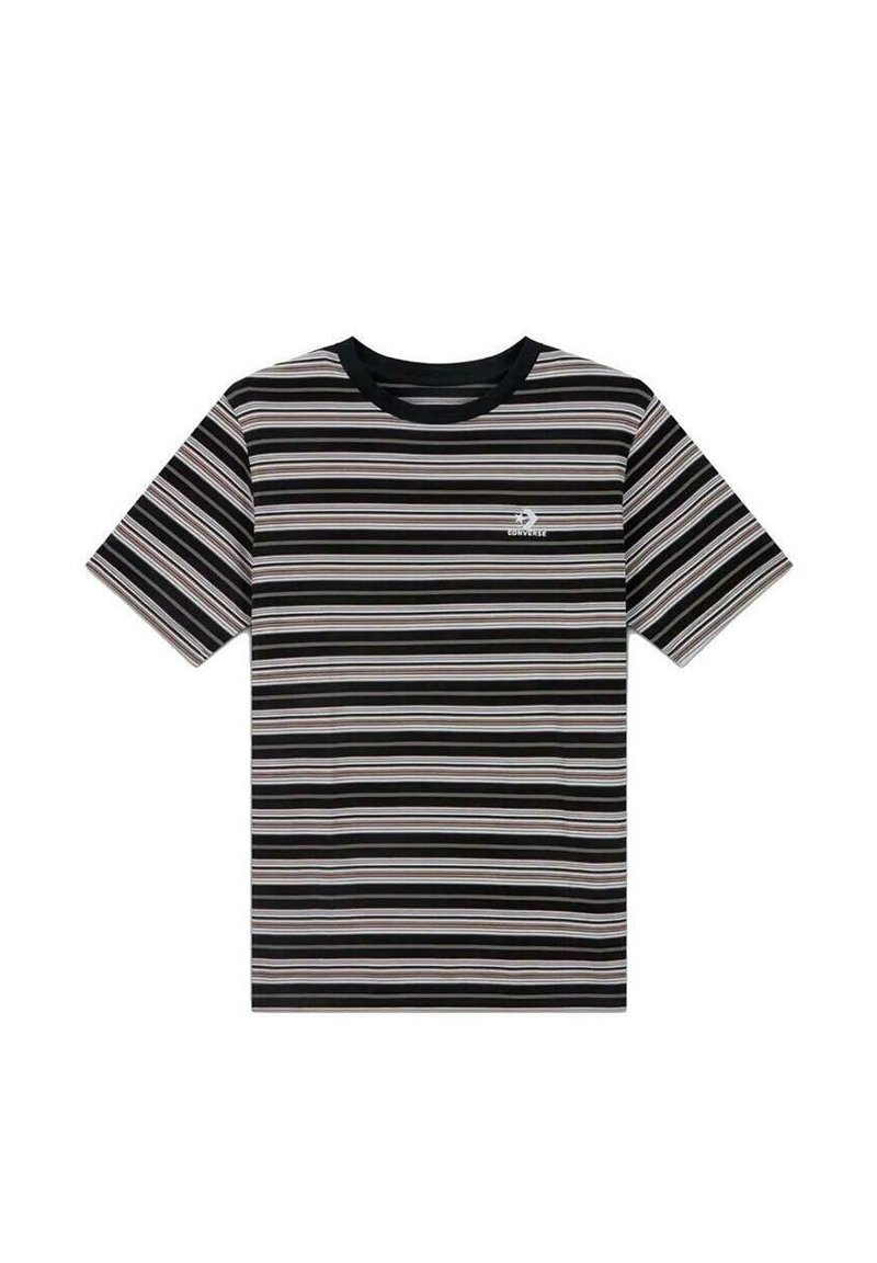 Camiseta a rayas que presenta líneas horizontales en negro, blanco, rosa y azul, con cuello redondo y mangas cortas. Pequeño logo en el lado izquierdo del pecho.