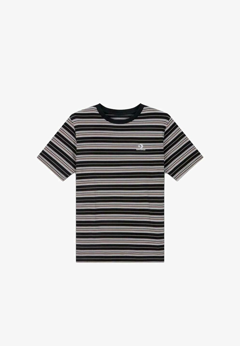 T-shirt rayé doté de lignes horizontales noires, blanches, roses et bleues, col rond et manches courtes. Petit logo sur la poitrine gauche.