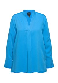 Blusa blu a maniche lunghe con scollatura a V, vestibilità ampia e polsini. Texture liscia, colore uniforme e silhouette rilassata.