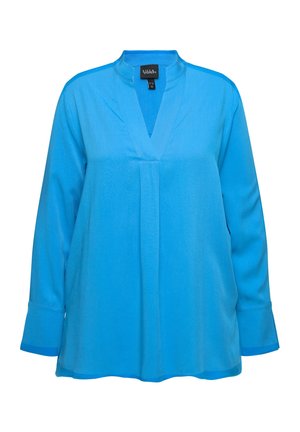 Blusa blu a maniche lunghe con scollatura a V, vestibilità ampia e polsini. Texture liscia, colore uniforme e silhouette rilassata.