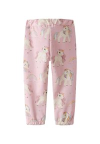 Pantalons de pyjama rose avec un motif de licorne, dotés d'une taille élastique et de poignets froncés. Le matériau semble doux avec une texture lisse.
