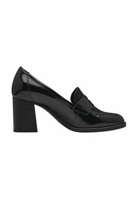 Mocassin pour femmes en cuir verni noir avec talon bloc et bride décorative sur le cou-de-pied, vu du côté droit sur fond blanc.