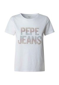 Camiseta de manga corta blanca con el texto 'PEPE JEANS' en tachuelas multicolores. Cuello redondo clásico y un corte relajado. Tejido de algodón suave.