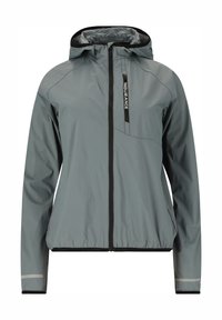 Harmaa tuulenpitävä takki, jossa on huppu, etuvetoketju ja mustat yksityiskohdat. Kevyt kangas, jossa on tekstuuri ja heijastavat yksityiskohdat hihoissa.