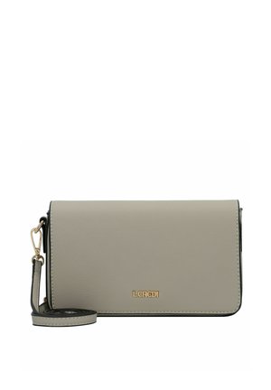 Light grey synthetic leather wallet with gold-tone logo, slim design, detachable strap, and contrasting black trim.