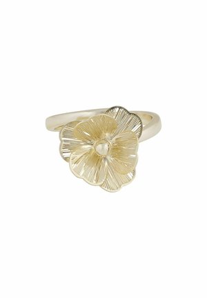 Gold ring featuring a detailed flower with five textured petals and a smooth rounded center on a plain band.