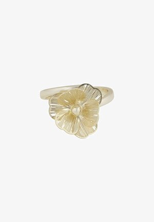 Goldener Ring mit einer detaillierten Blume mit fünf strukturierten Blütenblättern und einem glatten, abgerundeten Mittelpunkt auf einem schlichten Band.