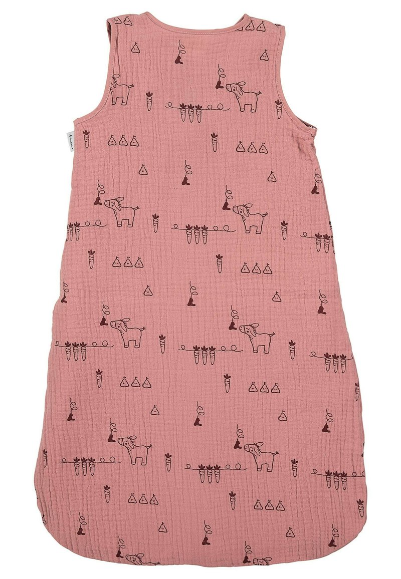 Sacco nanna senza maniche di colore rosa, realizzato in un tessuto testurizzato e traspirante, con illustrazioni marroni di elefanti, carote e perle.