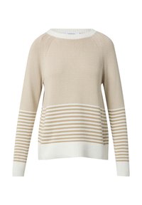 Beige gestreifter Pullover mit rundem Halsausschnitt, strukturiertem Strickmuster, gerippten Bündchen und Saum, mit abwechselnd hellen und dunklen Streifen.
