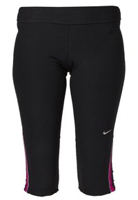 Černé capri legíny z elastické tkaniny se stříbrným logem Nike na přední straně a růžovými pruhy na bocích. Hladká textura a přiléhavý střih.