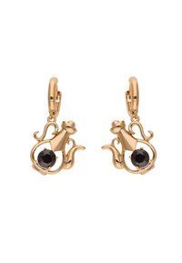 Náušnice z kovu s pozlaceným tónem ve tvaru flakonu parfému, zdobené černým středovým kamenem. Zakřivené prvky zvýrazňují jejich design.