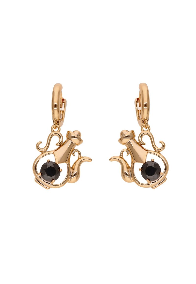 Náušnice z kovu s pozlaceným tónem ve tvaru flakonu parfému, zdobené černým středovým kamenem. Zakřivené prvky zvýrazňují jejich design.