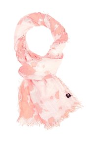 Eșarfă roz și albă dintr-un material ușor, cu un model tie-dye, margini franjurate și un mic etichetă cu logo negru.