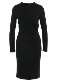 Svart långärmad klänning med omslagdesign, har rund halsringning och dold dragkedja i ryggen. Tillverkad av ett mjukt, stretchigt material.