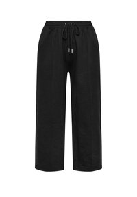 Svarta vida byxor i lätt tyg, med elastisk midja och dragsko samt två framstygn för extra detalj.