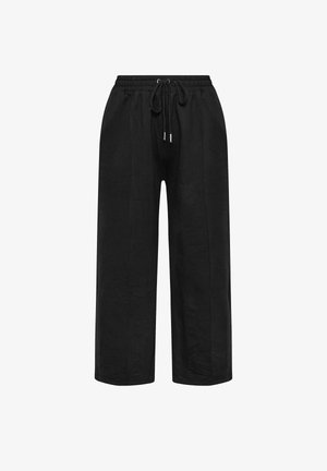 Pantalons larges noirs en tissu léger, dotés d'une taille élastique avec cordon de serrage et de deux coutures à l'avant pour un détail supplémentaire.