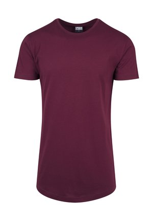 Bordo medvilninis marškinėliai su apvaliu kaklu, trumpomis rankovėmis ir tiesiu apačiu. Paprastas dizainas, su etikete vidinėje apykaklės pusėje.