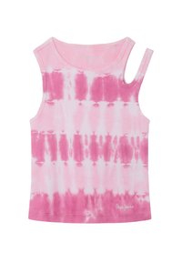 Top sin mangas de tie-dye rosa con textura acanalada. Presenta un escote redondo y una sola correa en un lado. Logo bordado en la parte inferior.