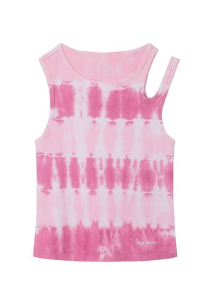 Top sin mangas de tie-dye rosa con textura acanalada. Presenta un escote redondo y una sola correa en un lado. Logo bordado en la parte inferior.