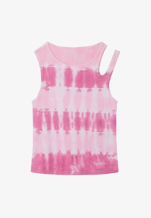 Top sin mangas de tie-dye rosa con textura acanalada. Presenta un escote redondo y una sola correa en un lado. Logo bordado en la parte inferior.