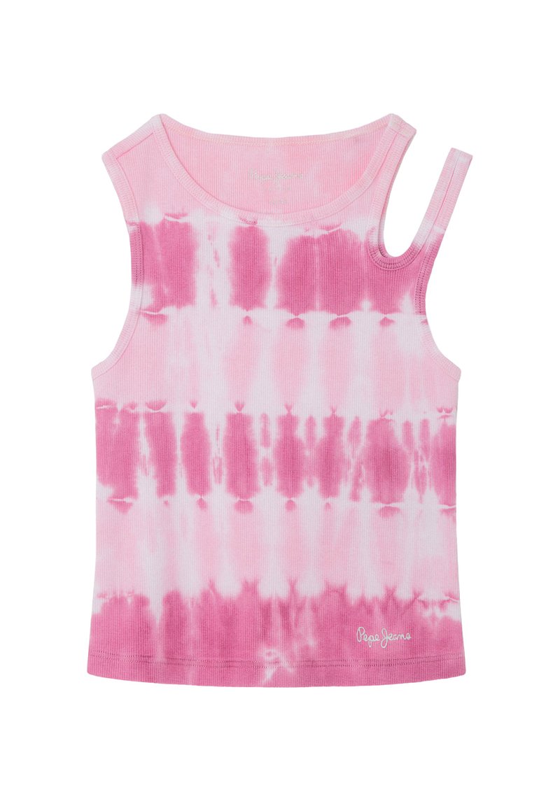 Top sin mangas de tie-dye rosa con textura acanalada. Presenta un escote redondo y una sola correa en un lado. Logo bordado en la parte inferior.