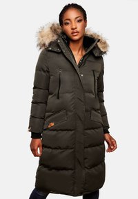 Long dark green puffer coat with a fur-lined hood, zippered and patch pockets, featuring a sleek design and textured fabric.