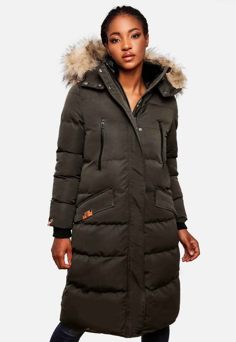 Long dark green puffer coat with a fur-lined hood, zippered and patch pockets, featuring a sleek design and textured fabric.