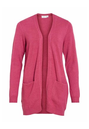 Rosa cardigan med åpen front og lange ermer, to frontlommer samt ribbestrikkede mansjetter og kant, vist på hvit bakgrunn.