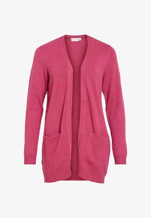Langærmet, åbent pink cardigan med to forlommer og ribbet manchetter og kant, vist på en hvid baggrund.